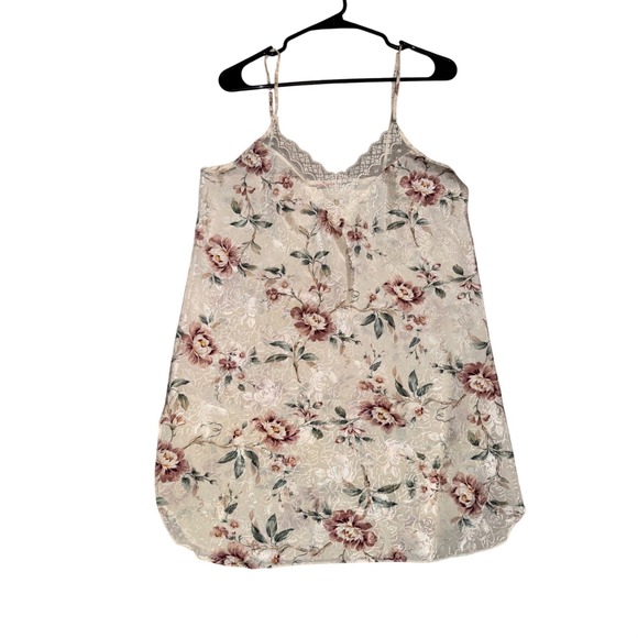 Vintage Floral Satin Lace Trim Chemise Nightgown Cream Pink Jacquard Sleeveless - Picture 2 of 6